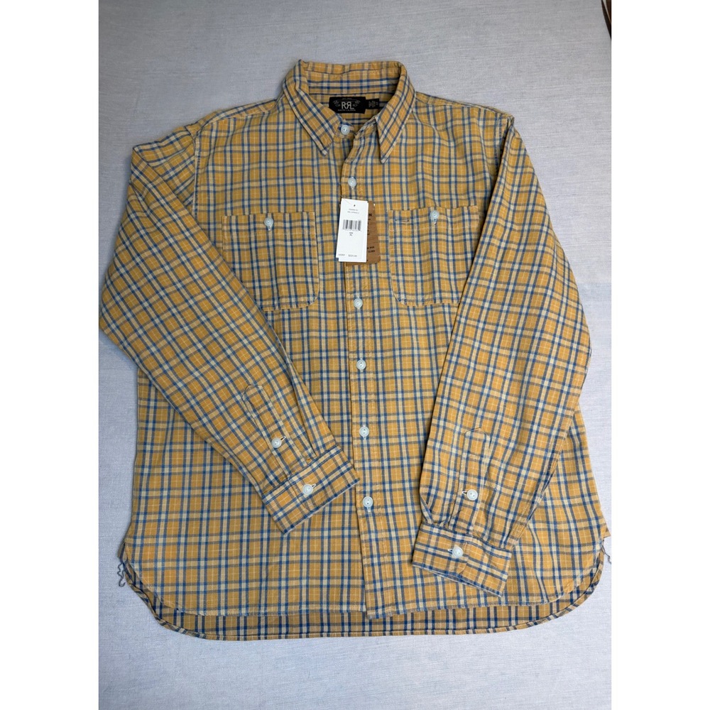 RRL Ralph Lauren Mens XL Yellow Blue Indigo Plaid Work Shirt NWT 782889981001
